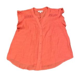 Mine Coral Linen Pleated Blouse w/ Lace Detail